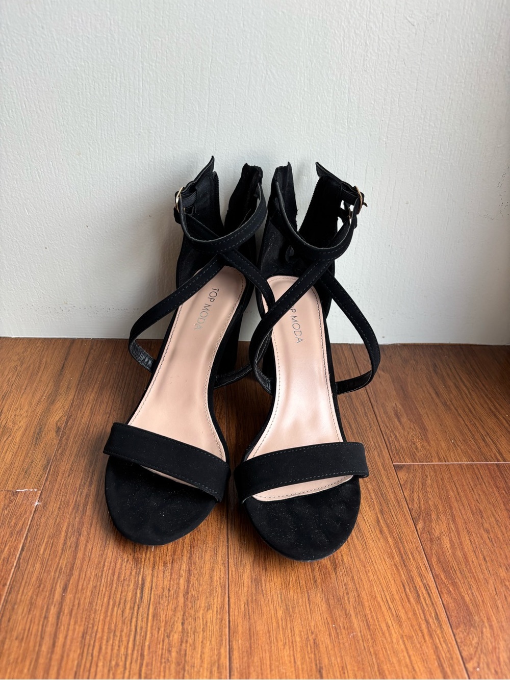 TOP Moda Black Suede Crisscross Ankle Strap Block Heels